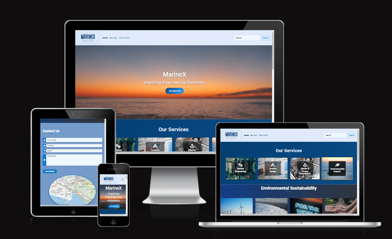 Responsive homepage design for Marinex Consultancy with clear navigation and ocean-inspired visuals