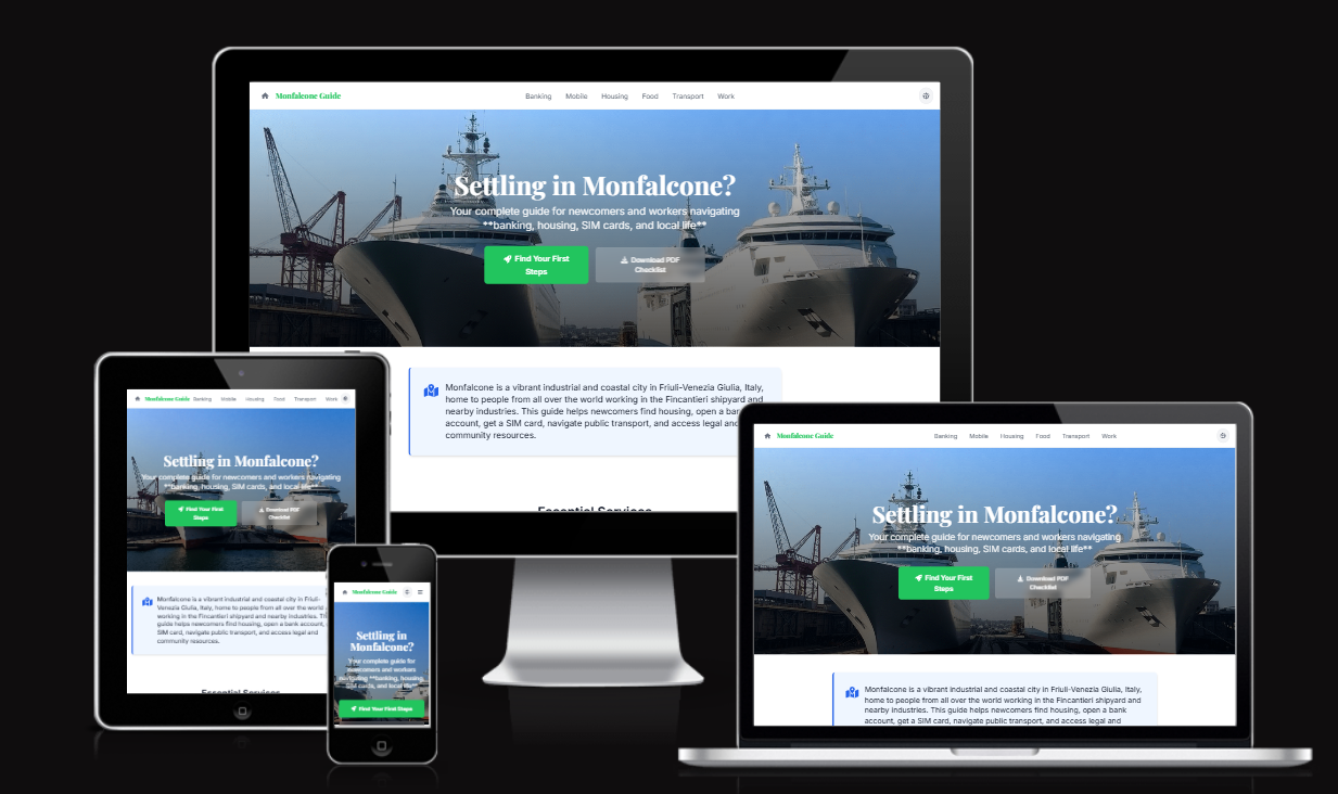Responsive homepage design for Monfalcone Guide with clear navigation and solar carport visuals