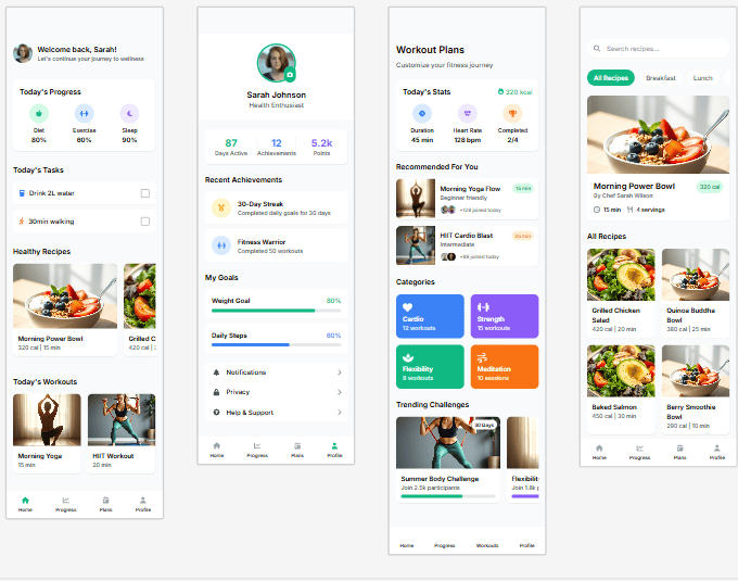 Healthy habits mobile app UI with coaching, meal planning, and progress tracking screens