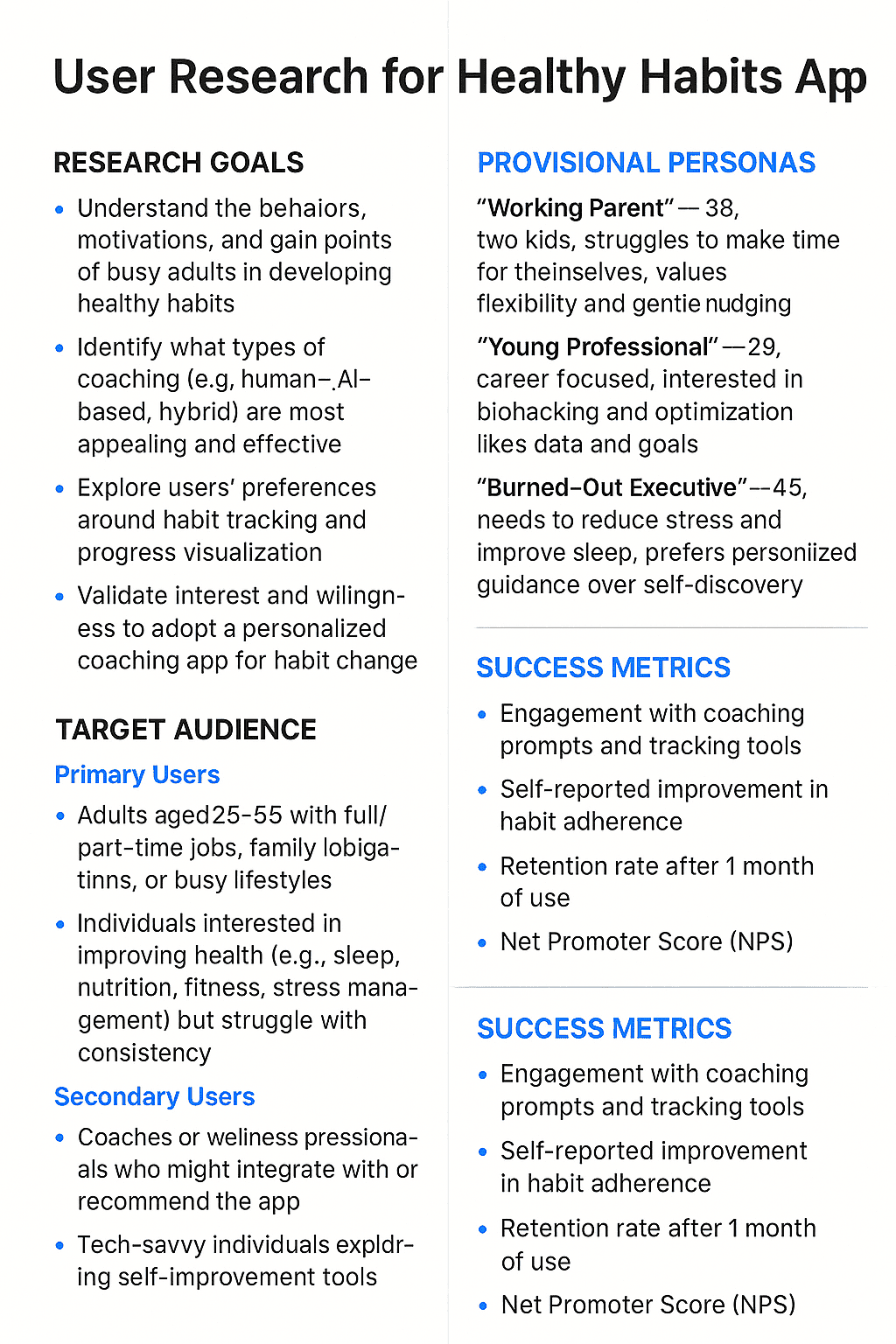user research and wireframes for health app